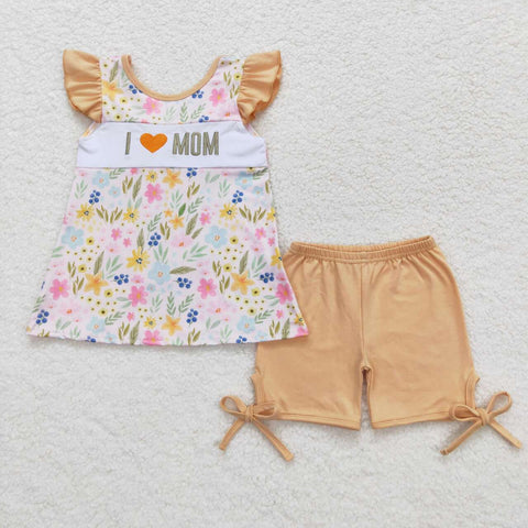GSSO0696 Embroidery I Love MOM Flower Girls Shorts Set