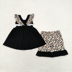 GSSO0702 Embroidery I LOVE DAD Leopard Black Shorts Girl Set