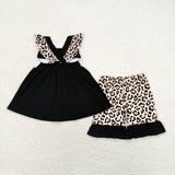 GSSO0702 Embroidery I LOVE DAD Leopard Black Shorts Girl Set