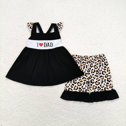 GSSO0702 Embroidery I LOVE DAD Leopard Black Shorts Girl Set