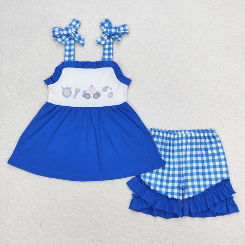 GSSO0717 Police Car Blue Plaid Shorts Girl Set