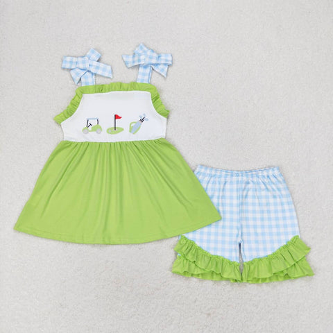 GSSO0719 Golf Blue Plaid Shorts Girl Set