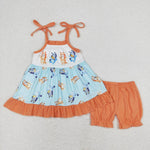 GSSO0720 Cartoon Blue Dog Orange Shorts Girl Set