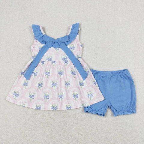 GSSO0723 Pink Flower Blue Bow Tie Shorts Girl Set