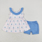 GSSO0723 Pink Flower Blue Bow Tie Shorts Girl Set