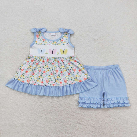 GSSO0732 Butterfly Flower Blue Shorts Girl Set
