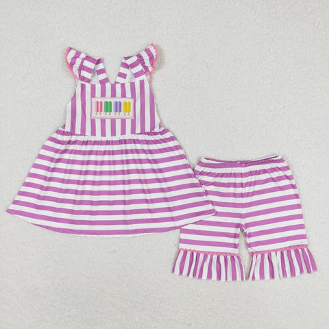 GSSO0734 Embroidery Popsicle Purple Stripe Shorts Girl Set