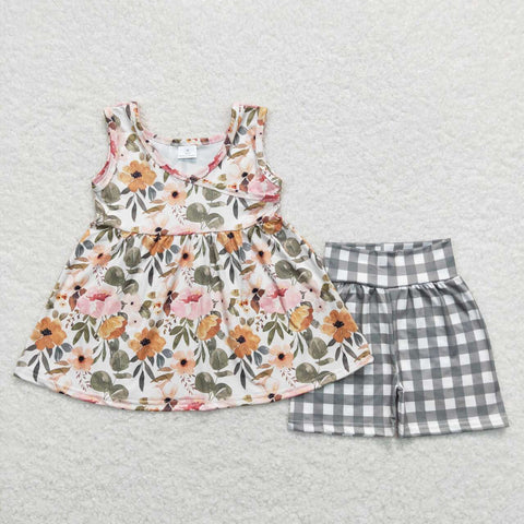 GSSO0741 Flower Green Plaid Shorts Girl Set
