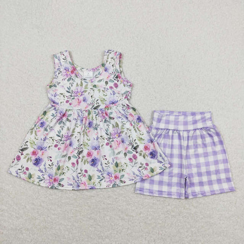 GSSO0742 Flower Purple Plaid Shorts Girl Set