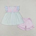 GSSO0744 Green Pink Plaid Shorts Girl Set