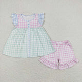 GSSO0744 Green Pink Plaid Shorts Girl Set