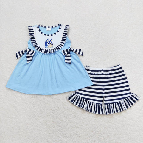 GSSO0751 Cartoon Dog Blue Shorts Girl Set