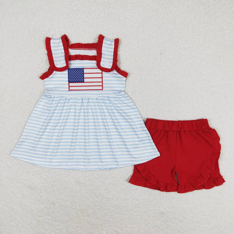 GSSO0755 Embroidery USA Flag Red Shorts Girl Set