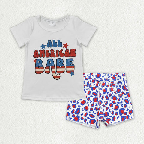 GSSO0758 All American Babe Leopard Denim Shorts Girl's Set
