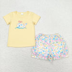 GSSO0765 Embroidery Whale Yellow Flower Shorts Girl Set