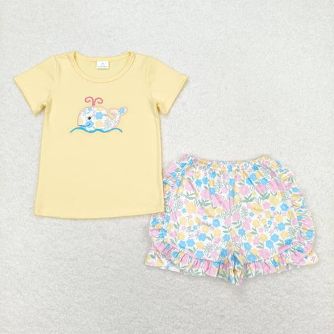 GSSO0765 Embroidery Whale Yellow Flower Shorts Girl Set