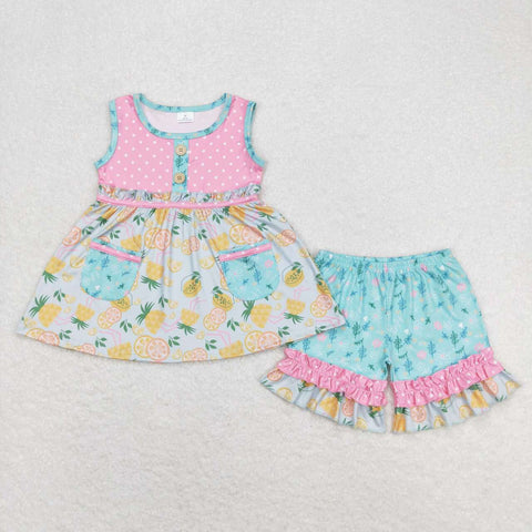 GSSO0783 Lemon Pink Dots Girls Shorts Set