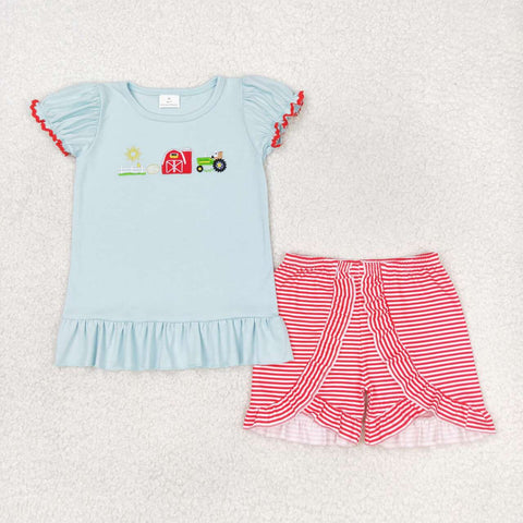 GSSO0788 Embroidery Farm Stripe Girls Shorts Set