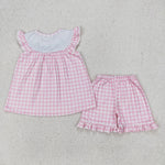 GSSO0795 Embroidery Animal Pink Plaid Girls Shorts Set