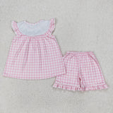 GSSO0795 Embroidery Animal Pink Plaid Girls Shorts Set