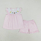 GSSO0795 Embroidery Animal Pink Plaid Girls Shorts Set