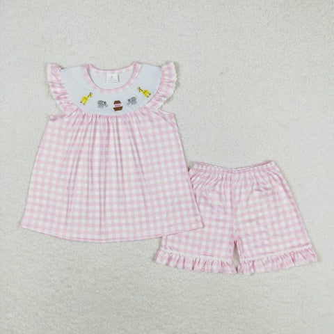 GSSO0795 Embroidery Animal Pink Plaid Girls Shorts Set