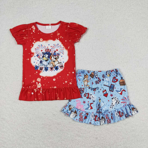 GSSO0804 July 4th USA Cartoon Blue Dog Girls Shorts Set