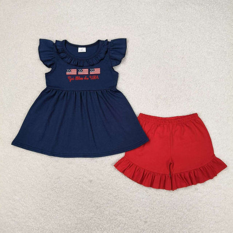 GSSO0805 Embroidery USA Flag Girls Shorts Set