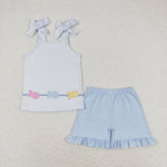 GSSO0809 Embroidery Fish Blue Stripe Girls Shorts Set