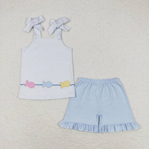 GSSO0809 Embroidery Fish Blue Stripe Girls Shorts Set