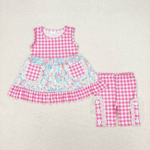 GSSO0813 Flower Pink Plaid Mid Pants Girls Set