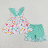 GSSO0815 Embroidery MAMA'S GIRL Leopard Mint Girls Shorts Set
