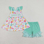 GSSO0815 Embroidery MAMA'S GIRL Leopard Mint Girls Shorts Set