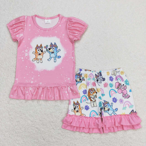 GSSO0823 Cartoon Blue Dog Pink Girls Shorts Set