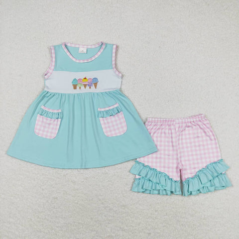 GSSO0826 Embroidery Ice cream Pockets Sky Blue Girls Shorts Set
