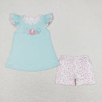 GSSO0833 Embroidery Ocean Octopus Mint Girls Shorts Set
