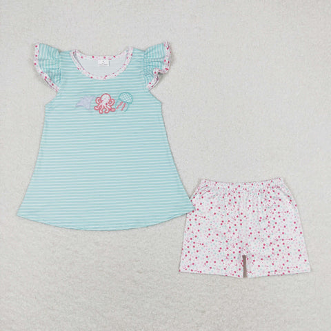 GSSO0833 Embroidery Ocean Octopus Mint Girls Shorts Set