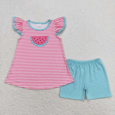 GSSO0834 Embroidery Watermelon Stripe Girls Shorts Set