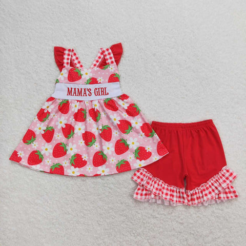 GSSO0835 Embroidery MAMA'S GIRL Strawberry Girls Shorts Set