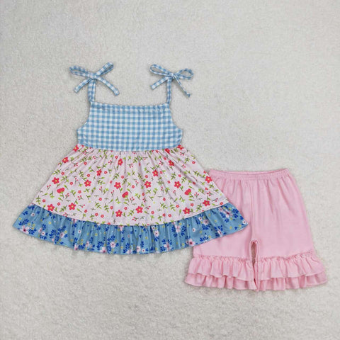 GSSO0836 Flower Floral Pink Girls Shorts Set