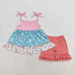 GSSO0837 Flower Floral Pink Girls Shorts Set