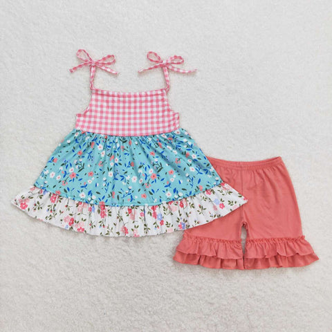 GSSO0837 Flower Floral Pink Girls Shorts Set