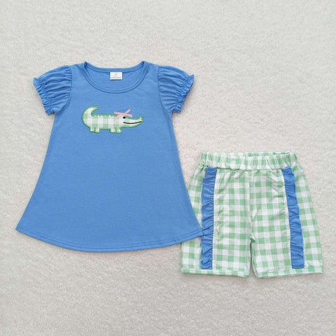 GSSO0850 Embroidery Crocodile Blue Girls Shorts Set