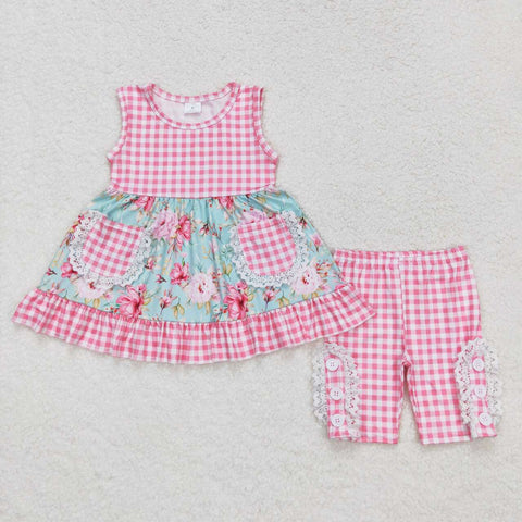 GSSO0851 Flower Pink Plaid Girls half pants Set