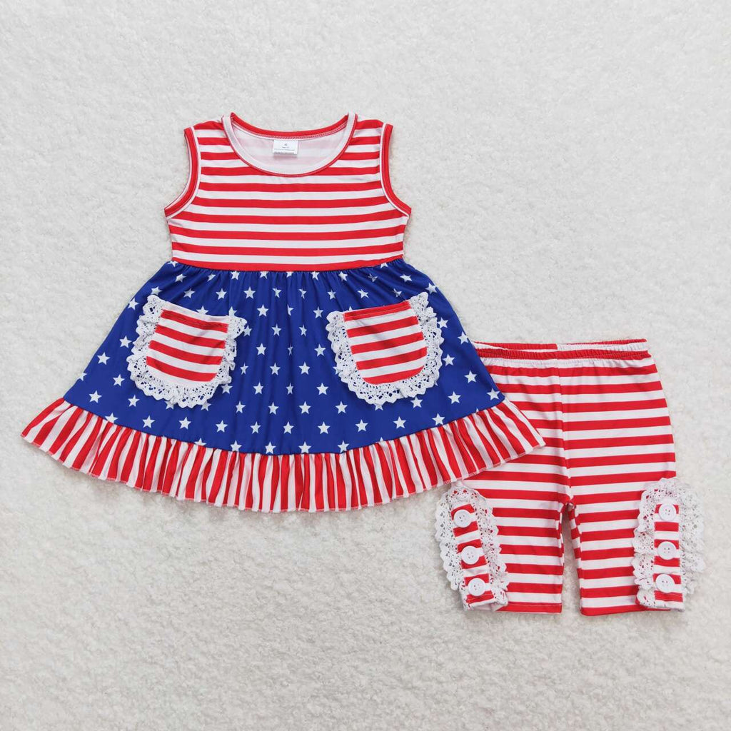 GSSO0855 Blue Star Red Stripe Girls half pants Set Amy yu garments wholesale GSSO0855 Blue Star Red Stripe Girls half pants Set Amy yu garments wholesale