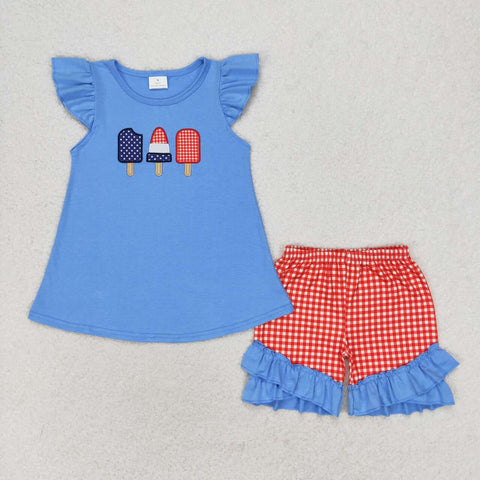 GSSO0860 Embroidery Popsicle Red Plaid Girls Shorts Set