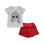 GSSO0861 Singer Star 1989 Red Sequin Red Shorts 2 Pcs Girl's Set