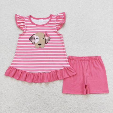 GSSO0874 Embroidery Dog Pink Stripe Girls Shorts Set