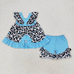 GSSO0878 Leopard Sky Blue Girls Shorts Set