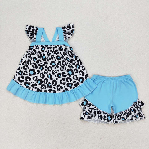 GSSO0878 Leopard Sky Blue Girls Shorts Set